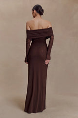 Josie Off Shoulder Mesh Maxi Dress Dark Brown
