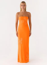 Sassafras Beaded Flower Strapless Maxi Dress Orange