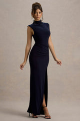 Lanetta Navy Ruched High Neck Maxi Dress With Split