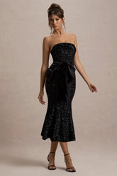 Adee Black Sequin Velvet Halter Neck Midi Dress With Bow