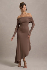 Romina Mocha Rib Knit Bardot Maxi Dress With Asymmetric Hem