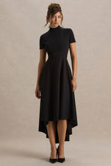 Bellona Black High Neck High Low Midi Dress