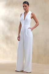 Brillora White Plunge Neck Tailored Jumpsuit