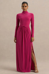 Hourglass Hot Pink Long Sleeve Twisted Maxi Dress With Split