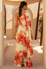 Portia Lemon Lily Print Asymmetric Maxi Dress With Ruched Detail