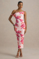 Tatian Pink and Orange Floral Print Twisted Asymmetric Midi Dress
