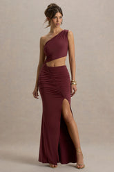 Sena Burgundy Asymmetric Maxi Dress With Cut Out Details