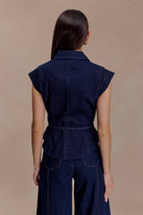 Charley Structured Tie Denim Top Indigo Blue