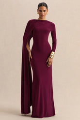 Halina Burgundy High Neck Maxi Dress With Cape Sleeve