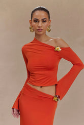 Ainsley Asymmetrical Long Sleeve Top With Floral Hardware Burnt Orange