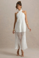 Fiametta Ecru Linen Halter Neck Fringe Maxi Dress