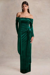Jessara Bottle Green Bardot Neck Maxi Dress With Knot Details