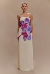 Amaya Strapless Chiffon Maxi Dress Ivory Koi Orchid Print