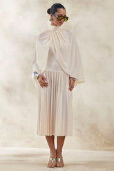 Honora Cream High Neck Midi Dress With Cape Sleeves