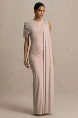 Brenda Champagne Crew Neck Maxi Dress With Mesh Cape And Sash