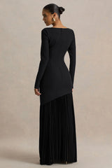 Yanira Black Crepe And Georgette Boat Neck Maxi Dress With Drop Waist