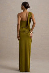 Erminia Olive Green One Shoulder Twist Wrap Maxi Dress