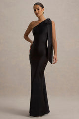 Here For Love Black Satin Asymmetric Maxi Dress With Bow