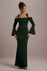 Heartthrob Green Satin Draped Bardot Maxi Dress