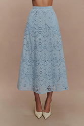 Arla Broderie Midi Skirt Pale Cornflower Blue