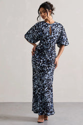 Elidy Animal Print Ruched Flutter Sleeve Cut Out Maxi Dress