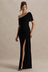 Dynasty Black Asymmetric Neck Maxi Dress With Ruched Detailing And Front High Split