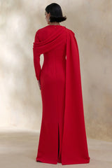 Heliora Red V Neck Maxi Dress With Sash And Draped Detail