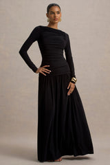 Aniyah Black High Neck Maxi Dress With Ruched Detailing