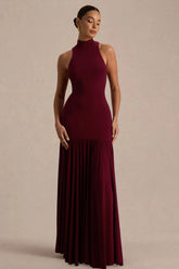 Tasmin Burgundy High Neck Maxi Dress With Drop Waist