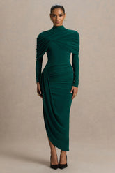 Aneira Bottle Green High Neck Maxi Dress With Cape Sleeves