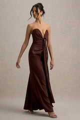 Mackenzie Brown Satin Plunge Neck Draped Maxi Dress