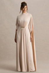 Olessia Champagne Belted Gathered Cape Sleeve Maxi Dress