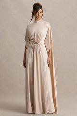 Olessia Champagne Belted Gathered Cape Sleeve Maxi Dress