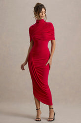 Enchant Red Asymmetric Twisted Cape Midi Dress