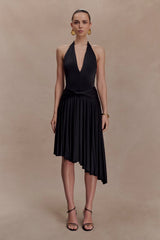 Zelda Asymmetric Slinky Midi Dress Black