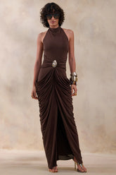 Horizon Brown High Neck Maxi Dress With Draped Detailing