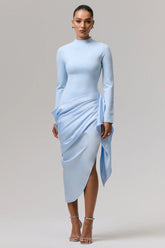 Raffie Powder Blue Long Sleeve Midi Dress With Satin Wrap Skirt