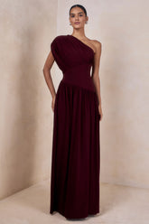 Kelsey Burgundy Asymmetric Neck Maxi Dress With Ruched Detailing