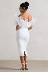 Ladylike White Ruched Bardot Midi Dress With Organza Trim