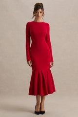 Liberty Red High Neck Mermaid Midi Dress With Ruffling Detail
