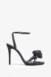 Sweet Step Black Satin Strappy Heeled Sandals With Flowers