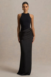 Akari Black Crew Neck Maxi Dress With Satin Skirt
