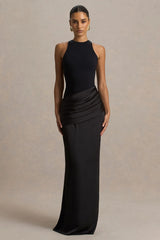 Akari Black Crew Neck Maxi Dress With Satin Skirt