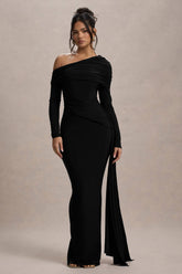 Valina Black Ruched Asymmetric Maxi Dress With Drape