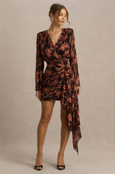 Lindsey Black And Rust Plunge Neck Wrap Mini Dress With Bell Sleeves And Sash Detail