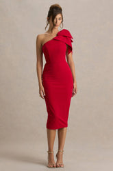 Ambretta Red One Shoulder Midi Dress With Bow
