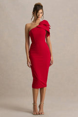 Ambretta Red One Shoulder Midi Dress With Bow