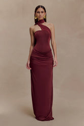 Mattea Slinky And Mesh Maxi Dress With Scarf Burgundy