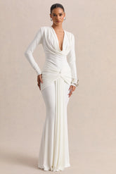 Palerma White Draped Cowl Neck Maxi Dress With Gathered Detailing
