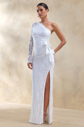 Norna White Lace Asymmetric Neck Maxi Dress With Cut Out And Bow Details